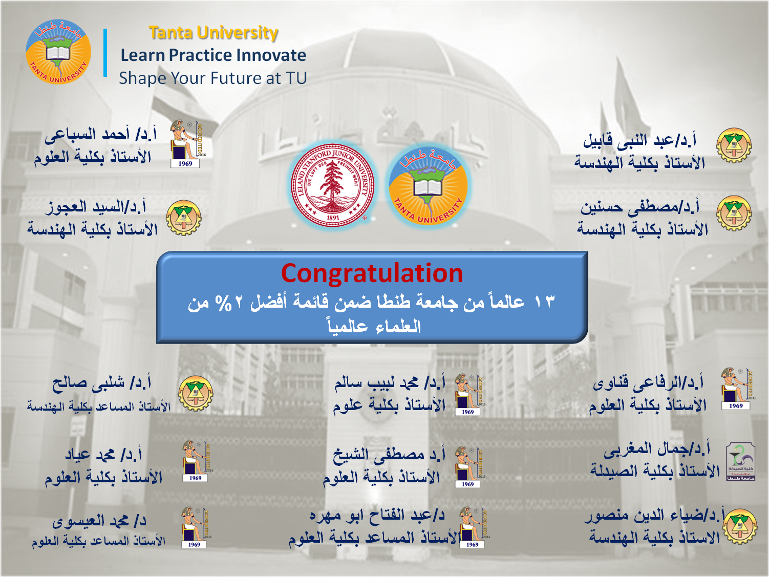 13 عالماً من جامعة طنطا ضمن قائمة أفضل 2% من العلماء عالميًا