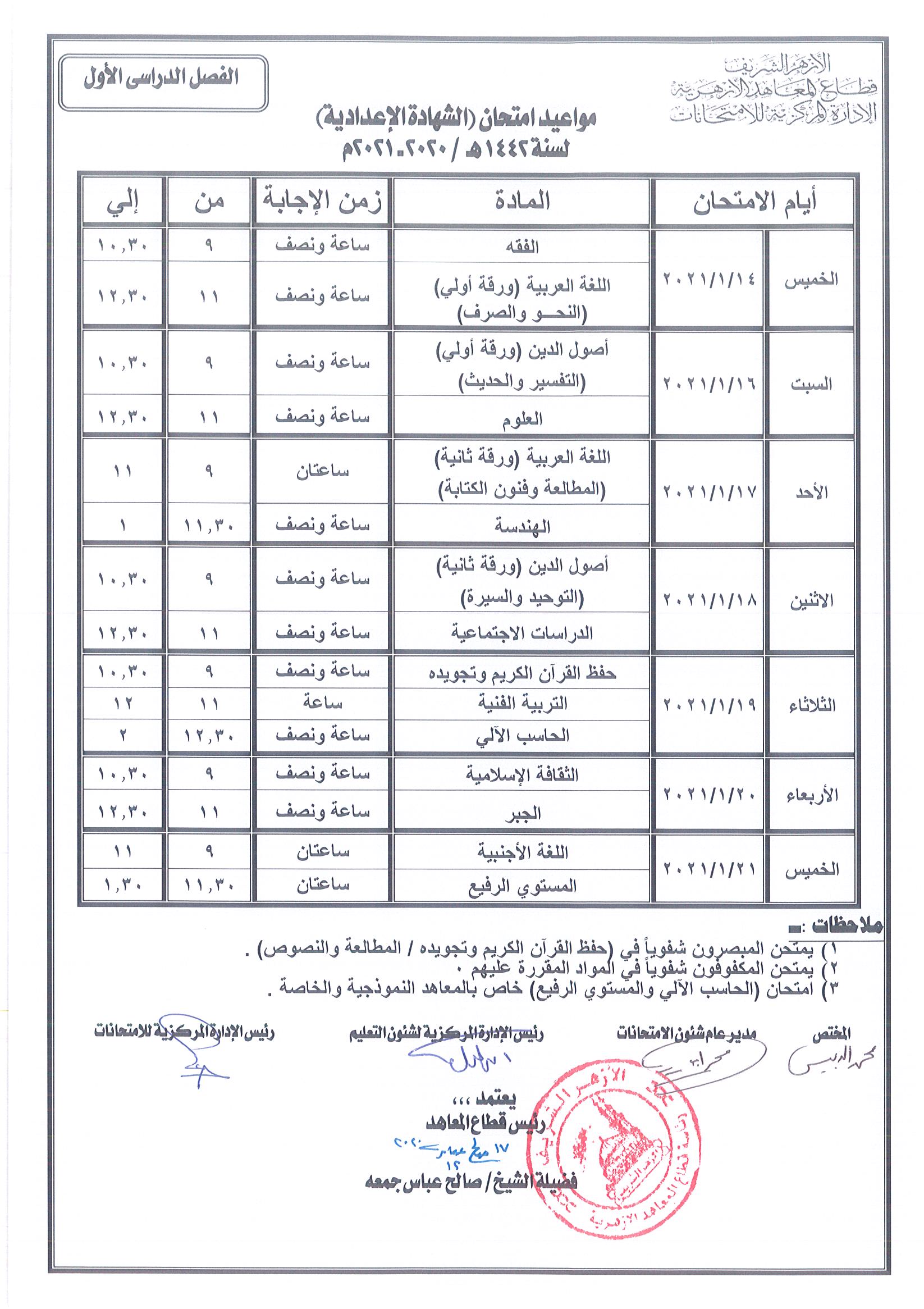 جداول مواعيد امتحانات صفوف النقل والشهادتين الابتدائية والإعدادية لقطاع المعاهد الأزهرية