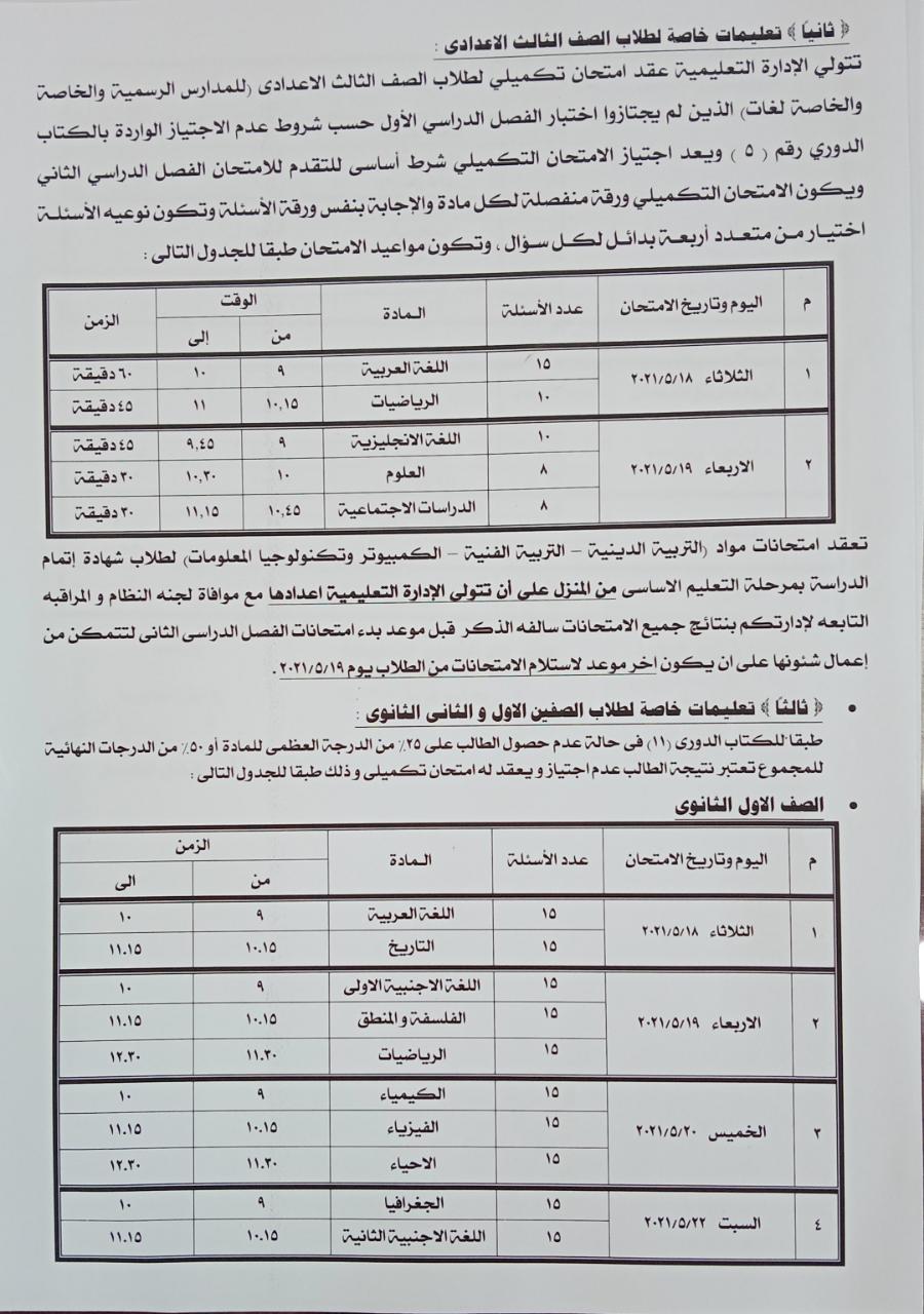 مواعيد الامتحانات التكميلية لطلاب صفوف النقل بالجيزة