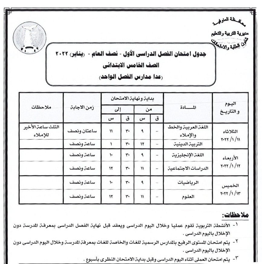 جداول امتحانات صفوف النقل بمحافظة المنوفية