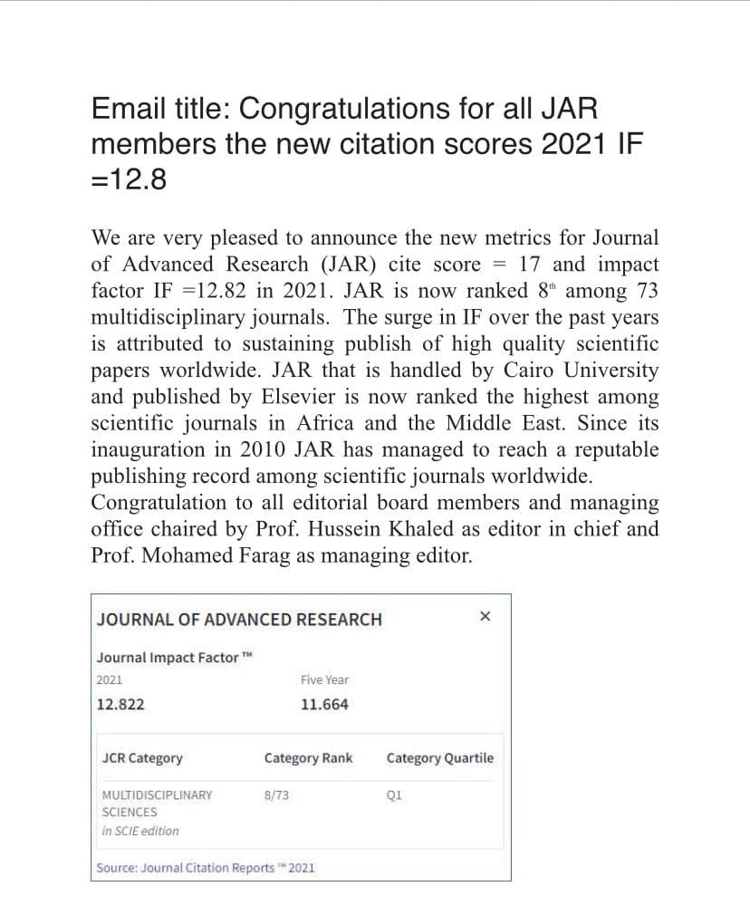 معامل تأثير مجلة العلوم التطبيقية «JAR» جامعة القاهرة