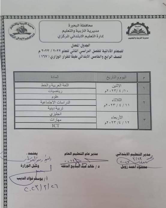 تعديل جدول المهام الأدائية لرابعة وخامسة ابتدائي بالبحيرة