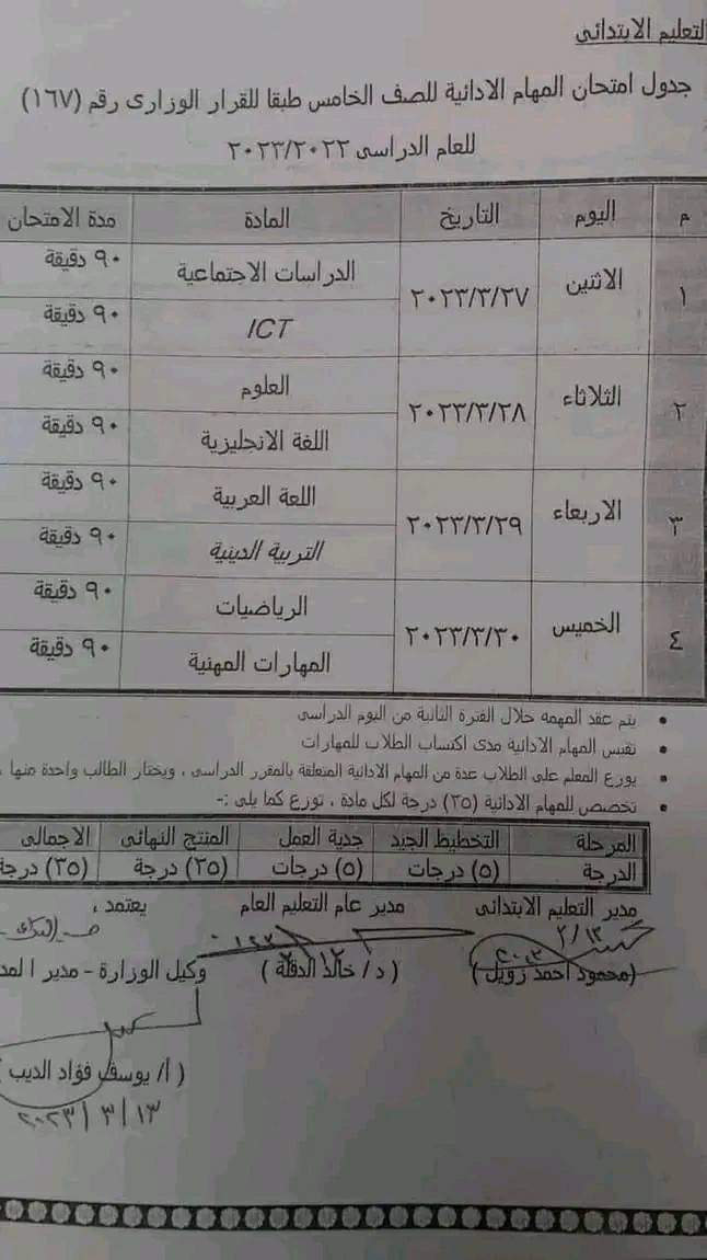 جدول امتحان المهام الأدائية للرابع والخامس الابتدائي 2023 بالبحيرة