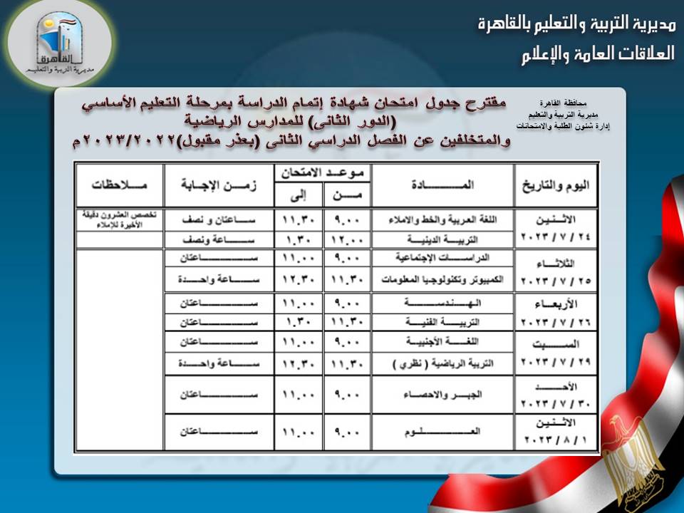 محافظ القاهرة يعتمد جداول مواعيد امتحانات الدور الثاني 2023 «صور»